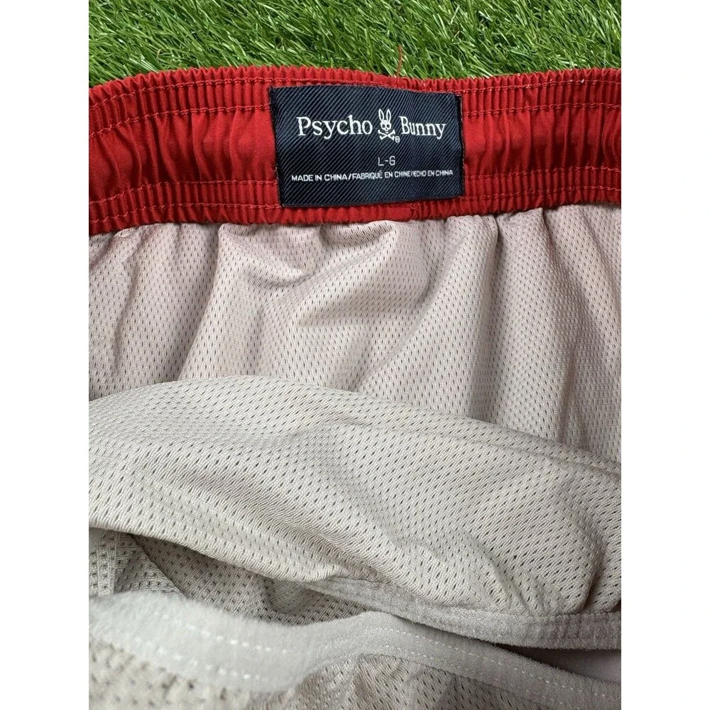 Psycho Bunny Swim Trunks L Geometric Print Red Black Mesh Lined